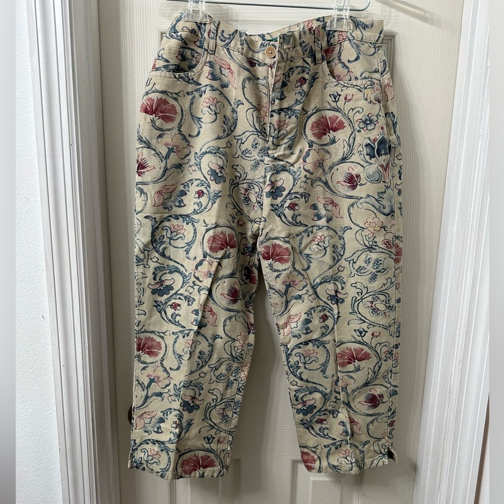Vintage Lauren Ralph Lauren Tan Floral Linen Cotton Cropped Pant Size 4